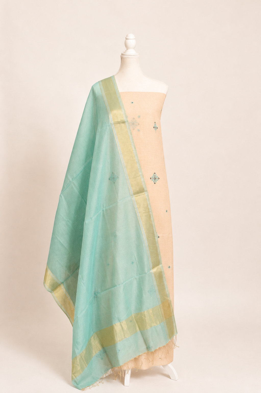 Pure Handloom cotton tissue blend kurta with chikankari work in ivory white with aqua blue bottom and tissue dupatta