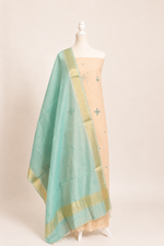Pure Handloom cotton tissue blend kurta with chikankari work in ivory white with aqua blue bottom and tissue dupatta