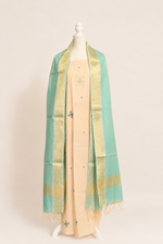 Pure Handloom cotton tissue blend kurta with chikankari work in ivory white with aqua blue bottom and tissue dupatta