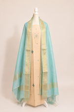 Pure Handloom cotton tissue blend kurta with chikankari work in ivory white with aqua blue bottom and tissue dupatta