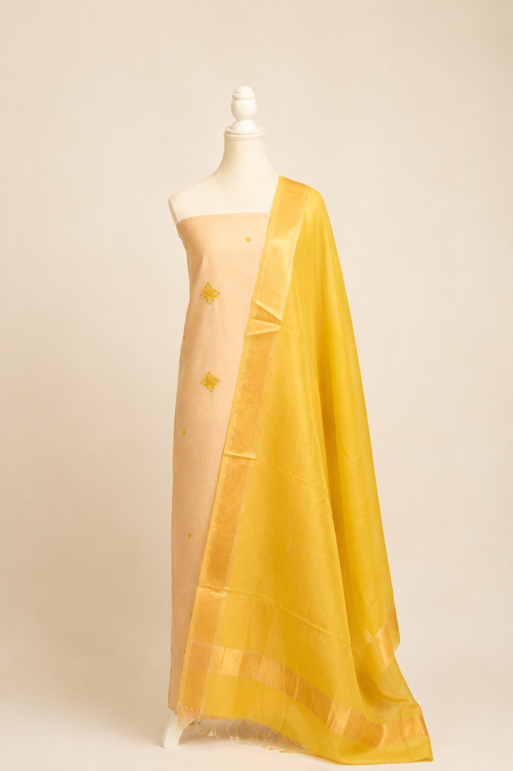 Pure Handloom cotton tissue blend kurta with chikankari work in ivory white with Yellow Bottom and tissue dupatta
