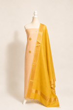 Pure Handloom cotton tissue blend kurta with chikankari work in ivory white with Yellow Bottom and tissue dupatta