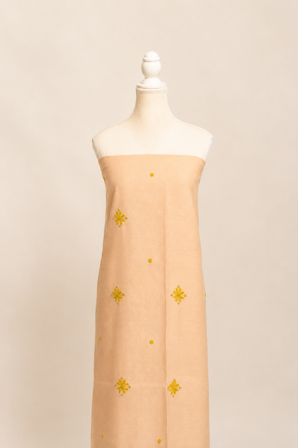 Pure Handloom cotton tissue blend kurta with chikankari work in ivory white with Yellow Bottom and tissue dupatta