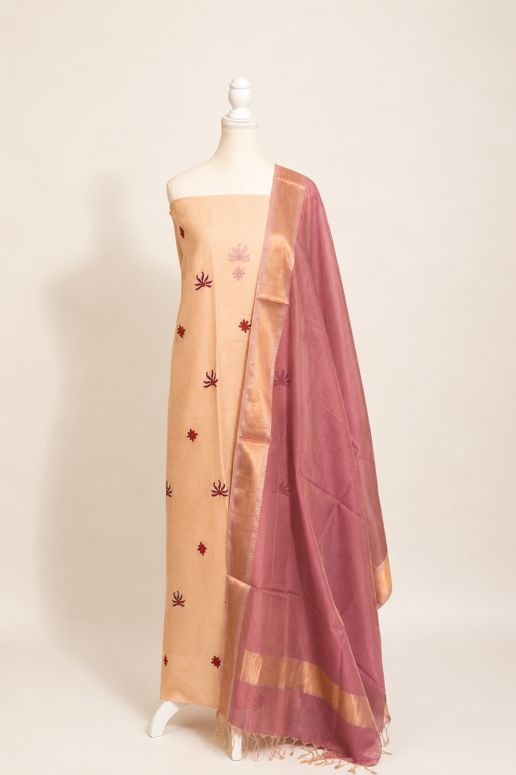 Pure Handloom cotton tissue blend kurta with chikankari work in ivory white with Mauve Bottom and tissue dupatta