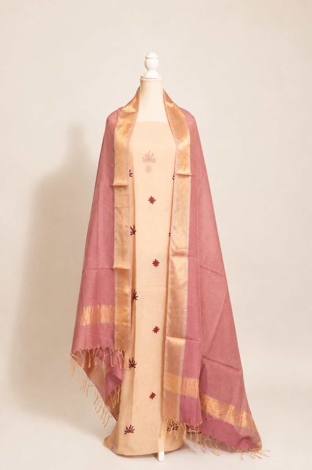 Pure Handloom cotton tissue blend kurta with chikankari work in ivory white with Mauve Bottom and tissue dupatta