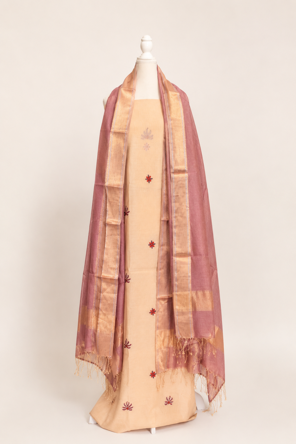 Pure Handloom cotton tissue blend kurta with chikankari work in ivory white with Mauve Bottom and tissue dupatta