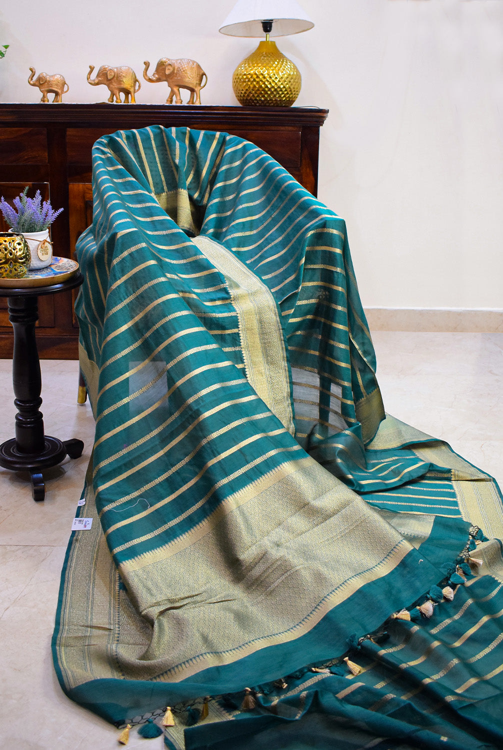 Chanderi stripes pattern woven Banarasi saree with golden border-bottle green