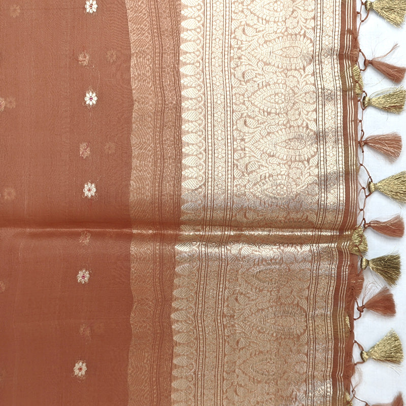 Terracotta Banarasi Munga Silk Suit Set with Zari Buti and Ornate Floral Border