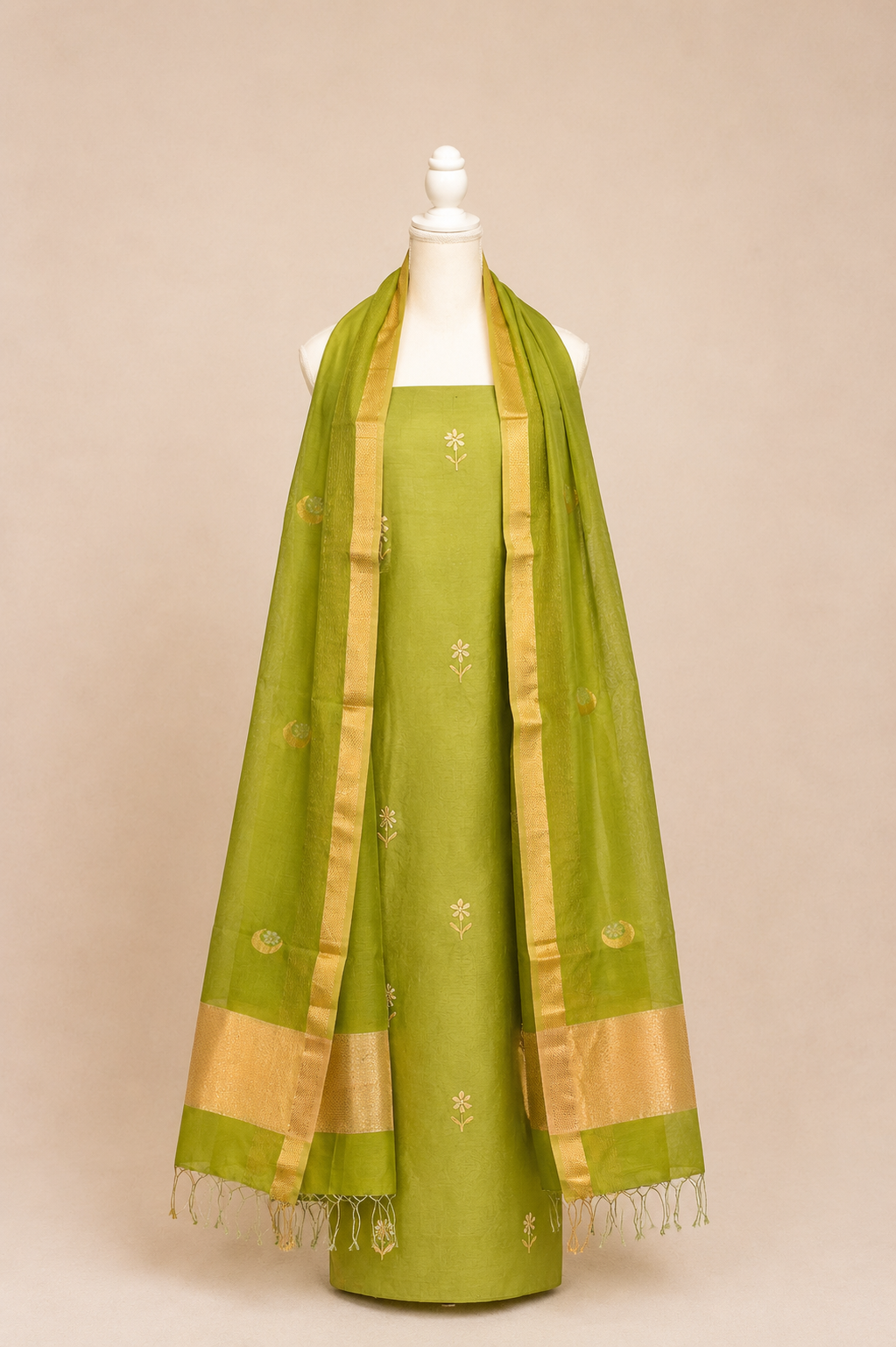 Pure handloom cotton silk blend kurta with chikankari embroidery, matching bottom and dupatta with chand tara booti weaving-olive green