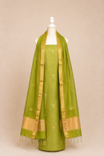 Pure handloom cotton silk blend kurta with chikankari embroidery, matching bottom and dupatta with chand tara booti weaving-olive green