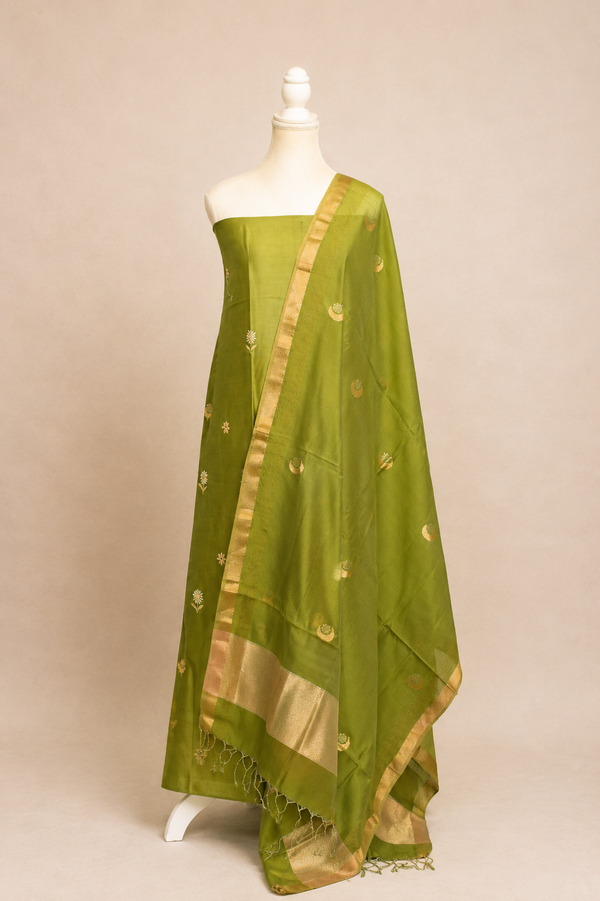 Pure handloom cotton silk blend kurta with chikankari embroidery, matching bottom and dupatta with chand tara booti weaving-olive green