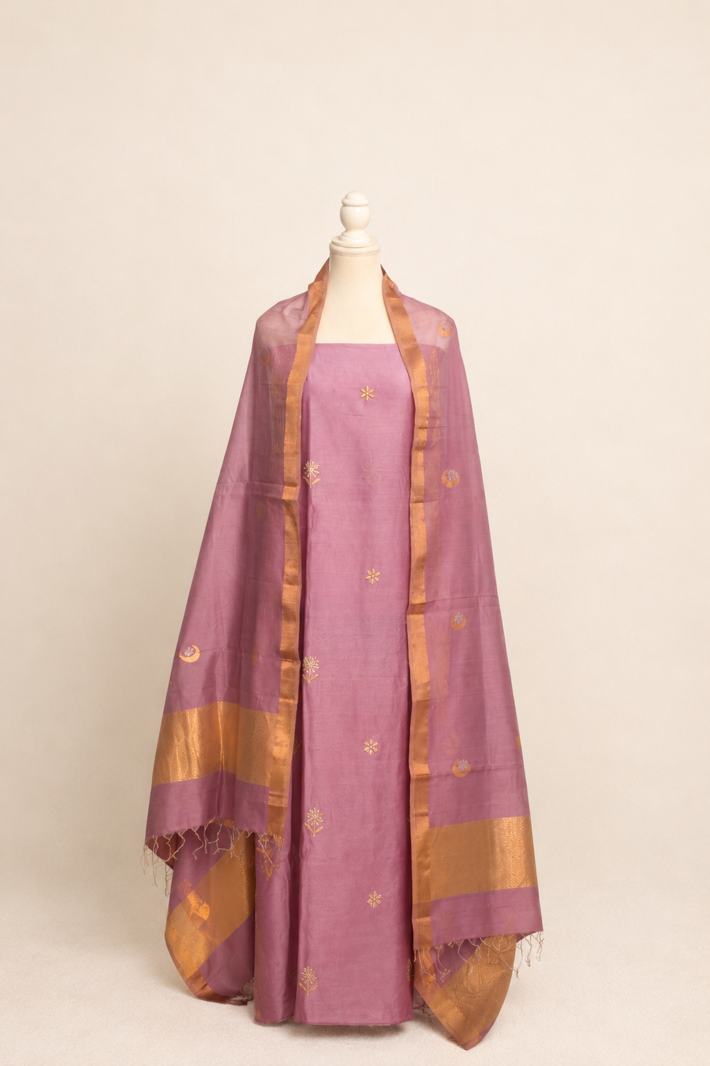 Pure handloom cotton silk blend kurta with chikankari embroidery, matching bottom and dupatta with chand tara booti weaving-Lilac