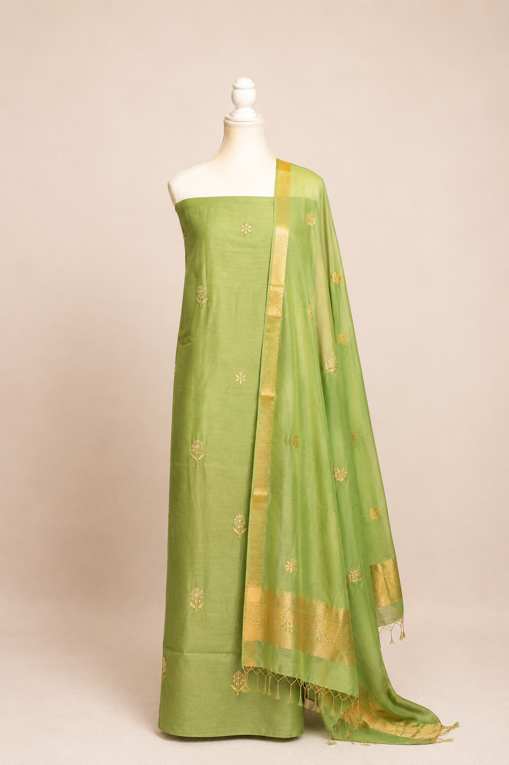 Pure handloom cotton silk blend kurta with chikankari embroidery, matching bottom and dupatta with chand tara booti weaving-pista green