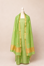 Pure handloom cotton silk blend kurta with chikankari embroidery, matching bottom and dupatta with chand tara booti weaving-pista green
