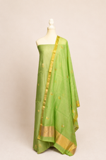 Pure handloom cotton silk blend kurta with chikankari embroidery, matching bottom and dupatta with chand tara booti weaving-pista green