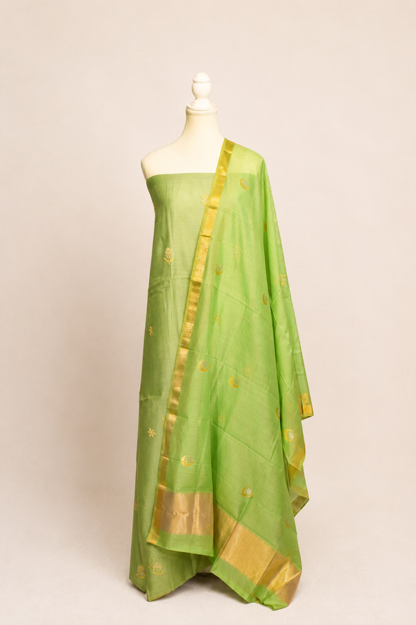 Pure handloom cotton silk blend kurta with chikankari embroidery, matching bottom and dupatta with chand tara booti weaving-pista green