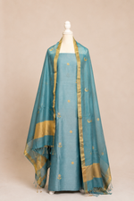 Pure handloom cotton silk blend kurta with chikankari embroidery, matching bottom and dupatta with chand tara booti weaving-Powder Blue