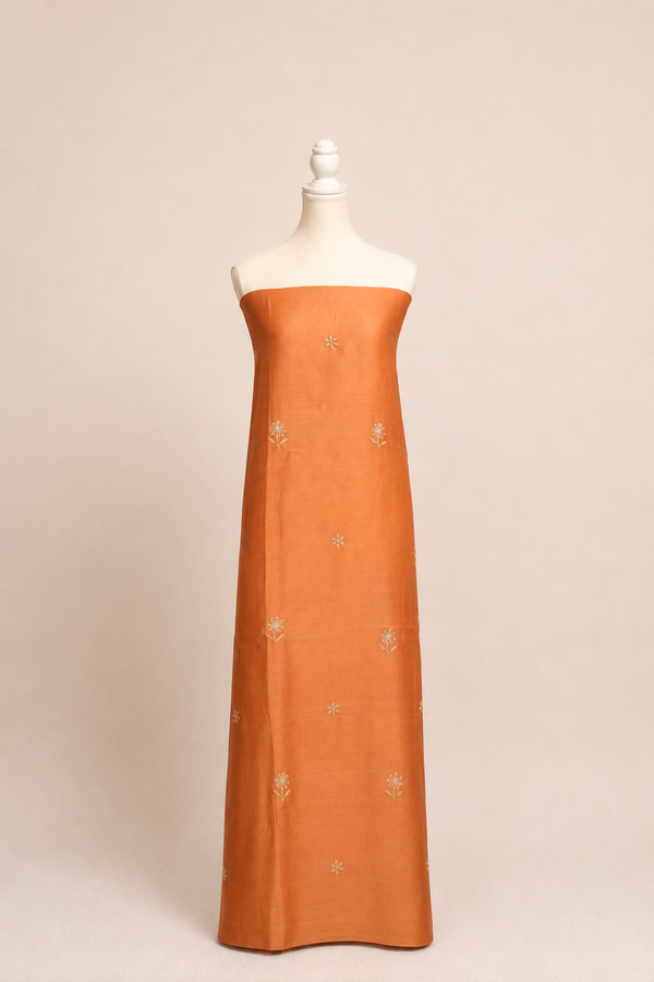 Pure handloom cotton silk blend kurta with chikankari embroidery, matching bottom and dupatta with chand tara booti weaving-light brown