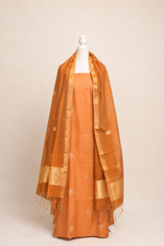 Pure handloom cotton silk blend kurta with chikankari embroidery, matching bottom and dupatta with chand tara booti weaving-light brown