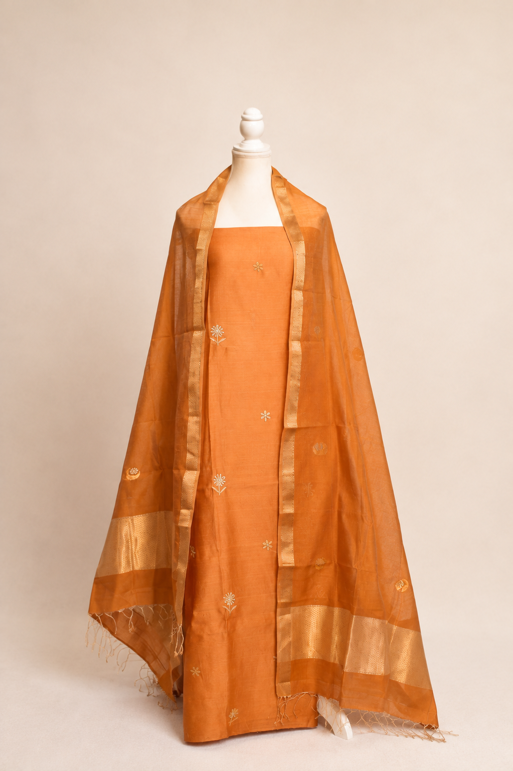 Pure handloom cotton silk blend kurta with chikankari embroidery, matching bottom and dupatta with chand tara booti weaving-light brown