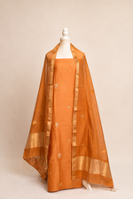 Pure handloom cotton silk blend kurta with chikankari embroidery, matching bottom and dupatta with chand tara booti weaving-light brown
