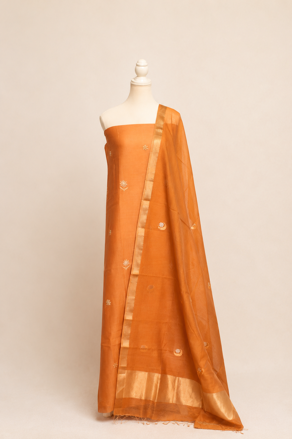 Pure handloom cotton silk blend kurta with chikankari embroidery, matching bottom and dupatta with chand tara booti weaving-light brown