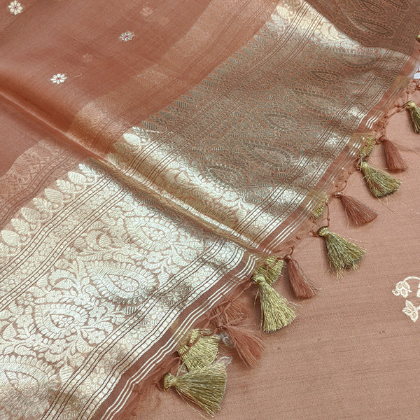 Terracotta Banarasi Munga Silk Suit Set with Zari Buti and Ornate Floral Border