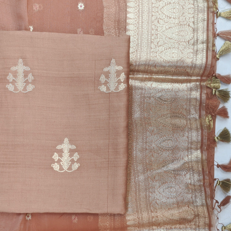 Terracotta Banarasi Munga Silk Suit Set with Zari Buti and Ornate Floral Border