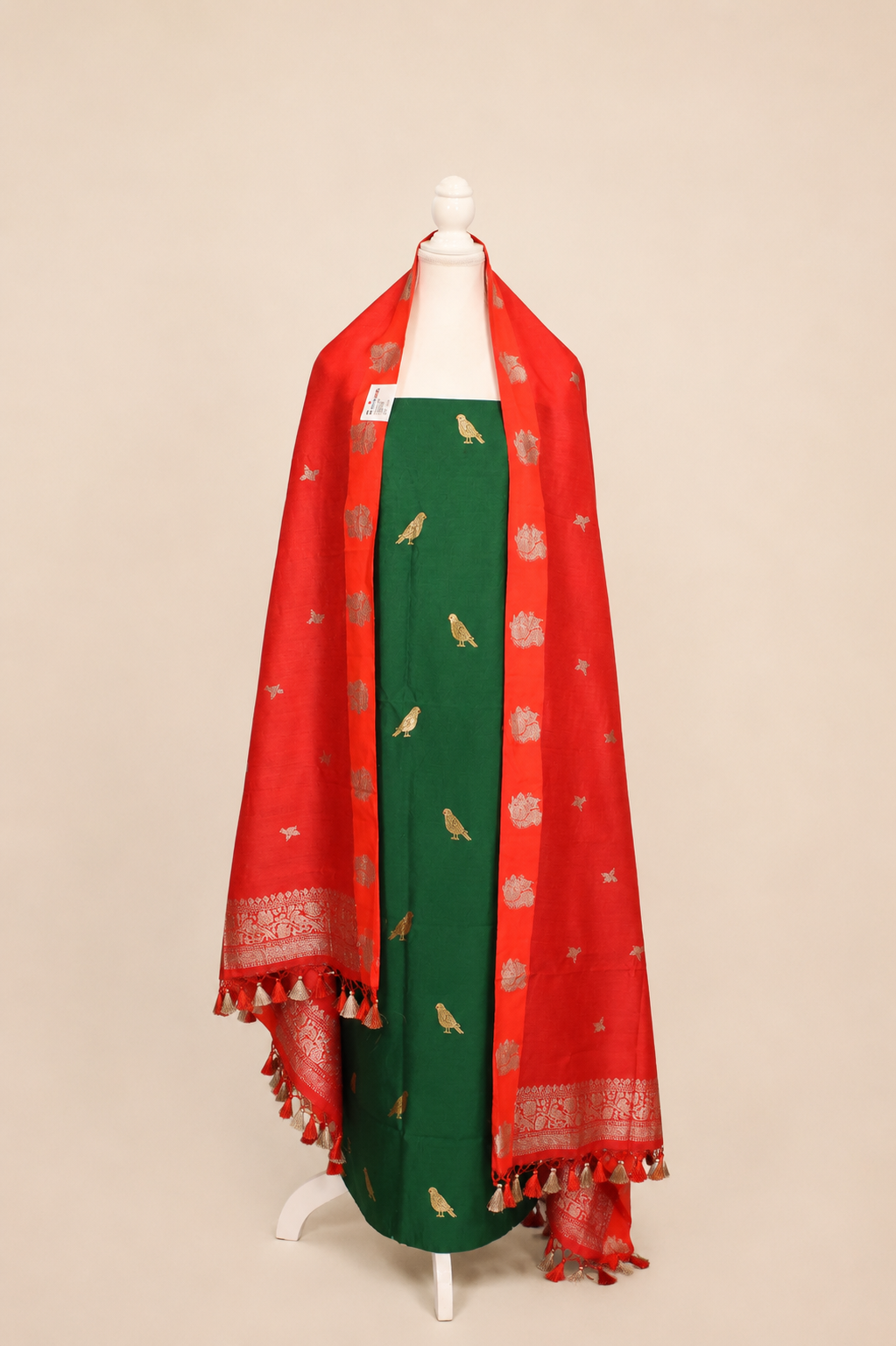 Pure munga silk kurta and bottom set with banarasi bird motif pattern kadwa weaving-Bottle green