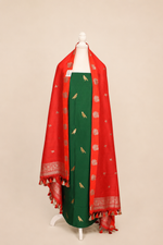 Pure munga silk kurta and bottom set with banarasi bird motif pattern kadwa weaving-Bottle green