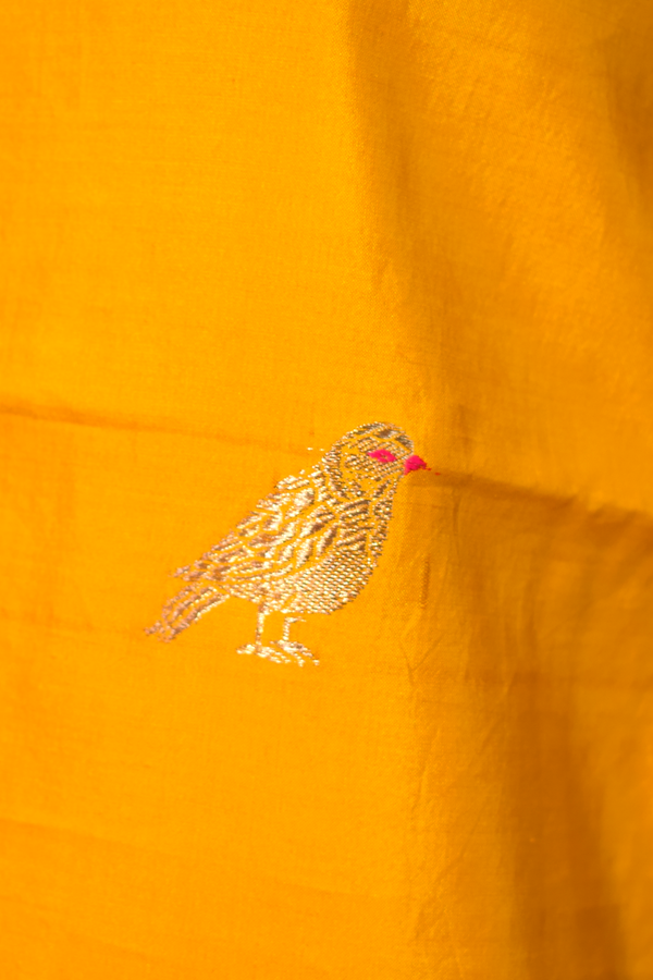 Pure munga silk kurta and bottom set with banarasi bird motif pattern kadwa weaving-Mango yellow