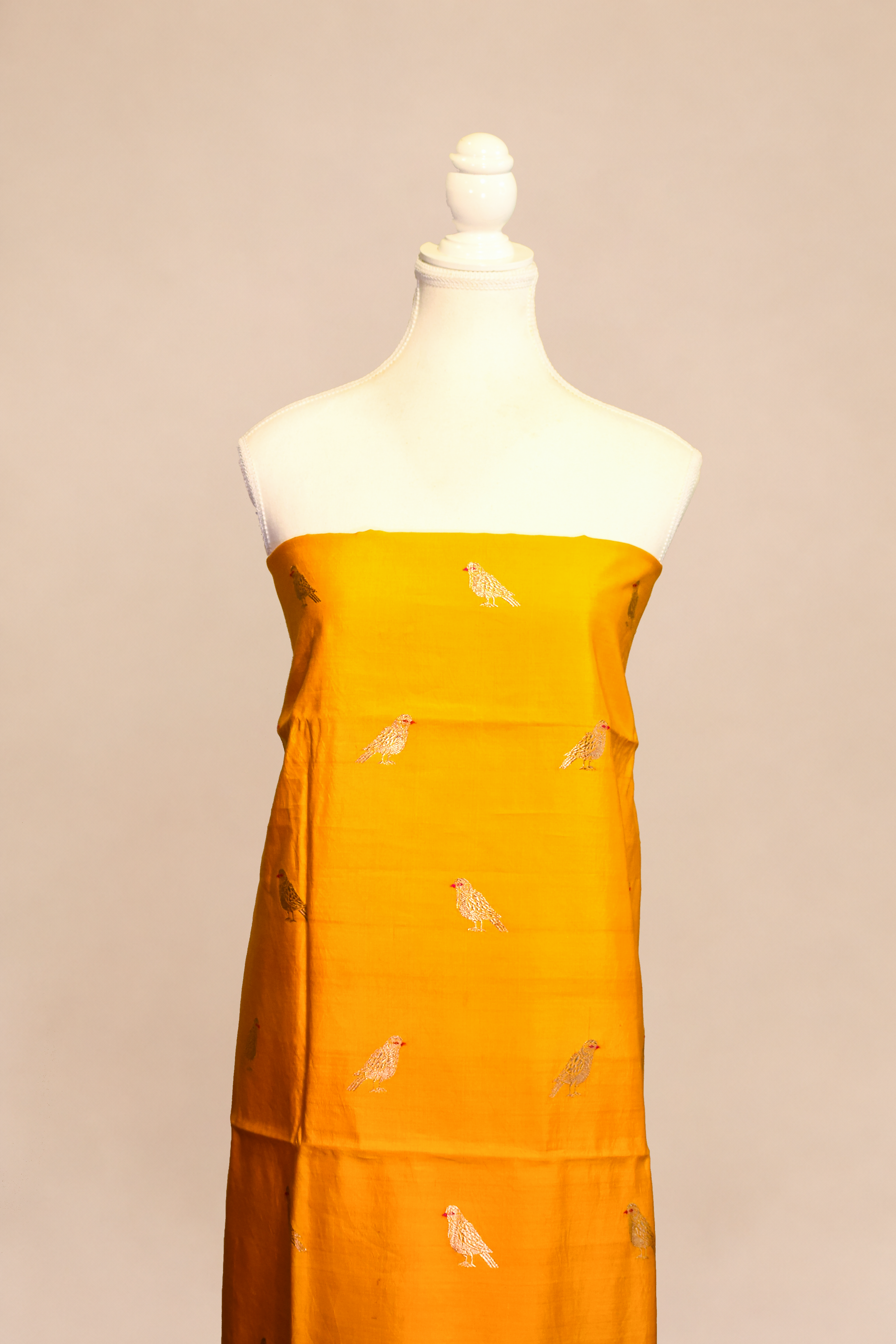 Pure munga silk kurta and bottom set with banarasi bird motif pattern kadwa weaving-Mango yellow