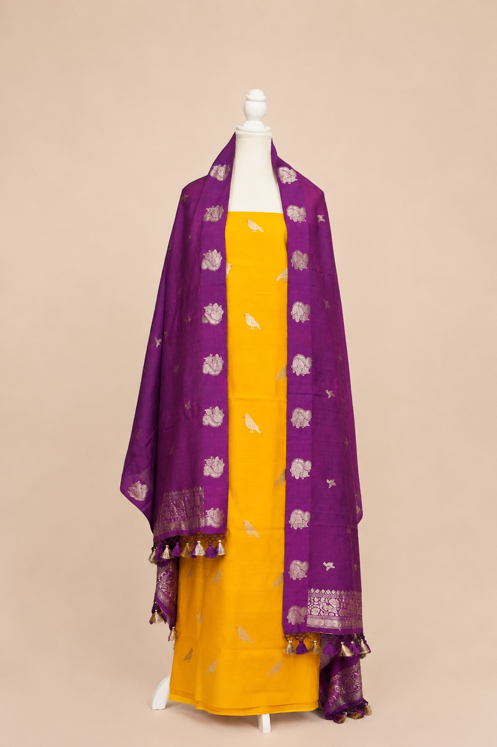 Pure munga silk kurta and bottom set with banarasi bird motif pattern kadwa weaving-Mango yellow