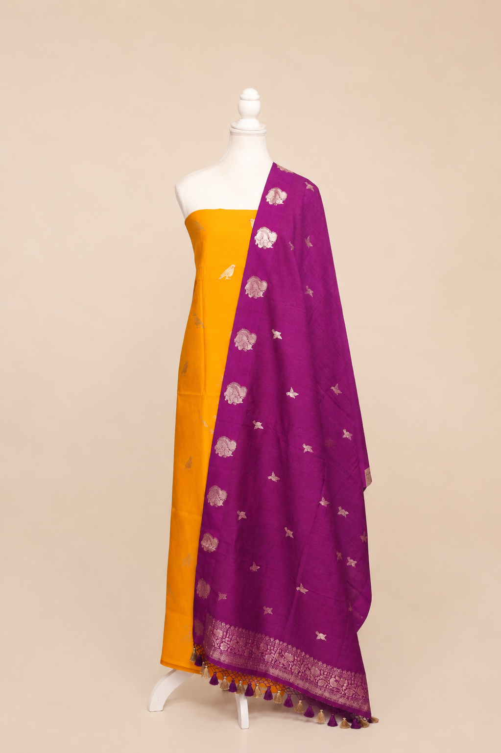 Pure munga silk kurta and bottom set with banarasi bird motif pattern kadwa weaving-Mango yellow