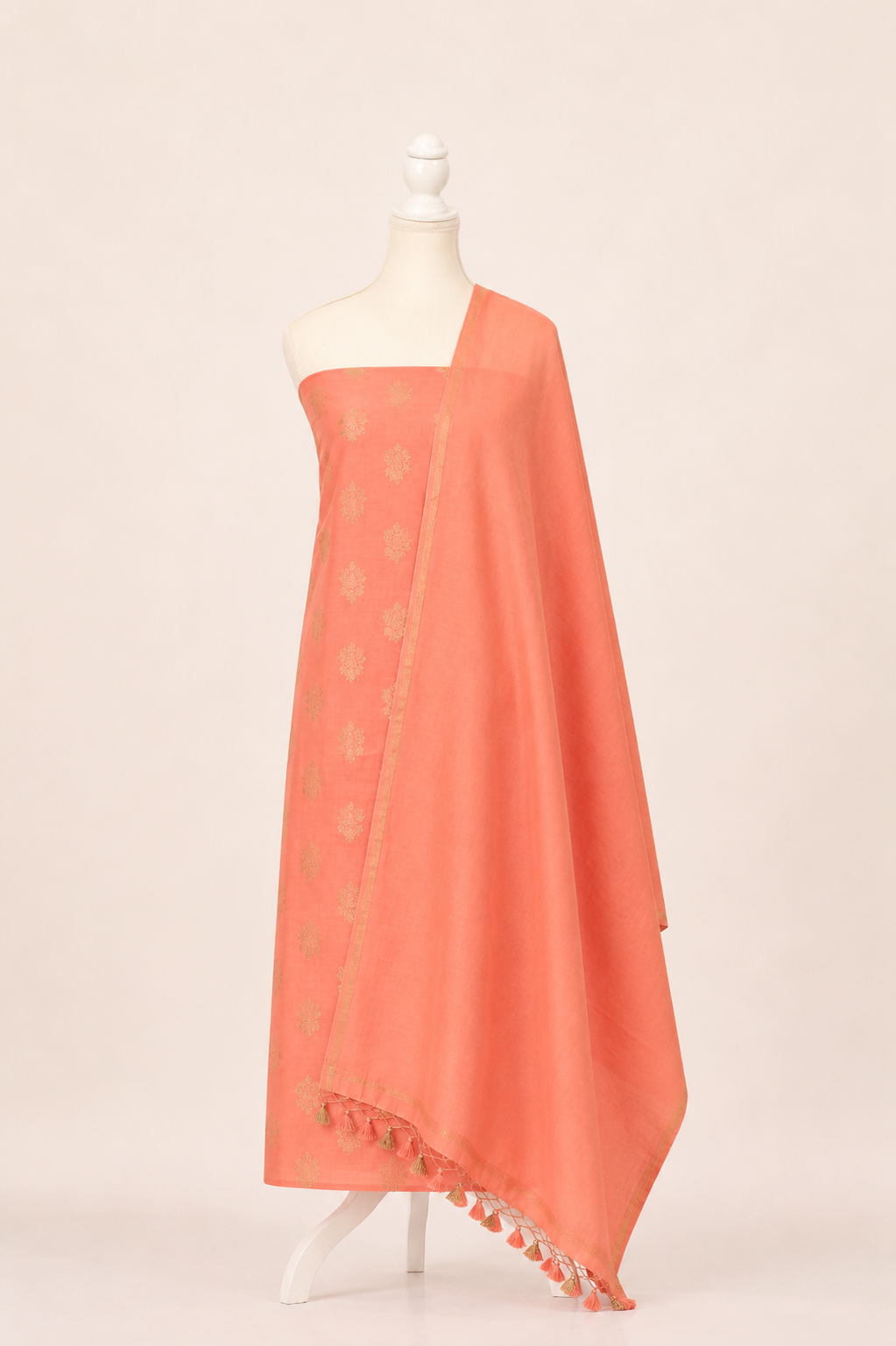 Pure chanderi kurta with floral & leaf pattern meenakari weaving,matching chanderi dupatta and bottom- Peach