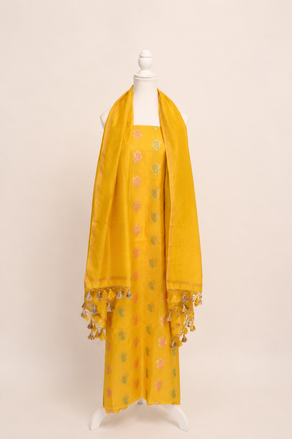 Pure chanderi kurta with floral & leaf pattern meenakari weaving,matching chanderi dupatta and bottom- Mango yellow