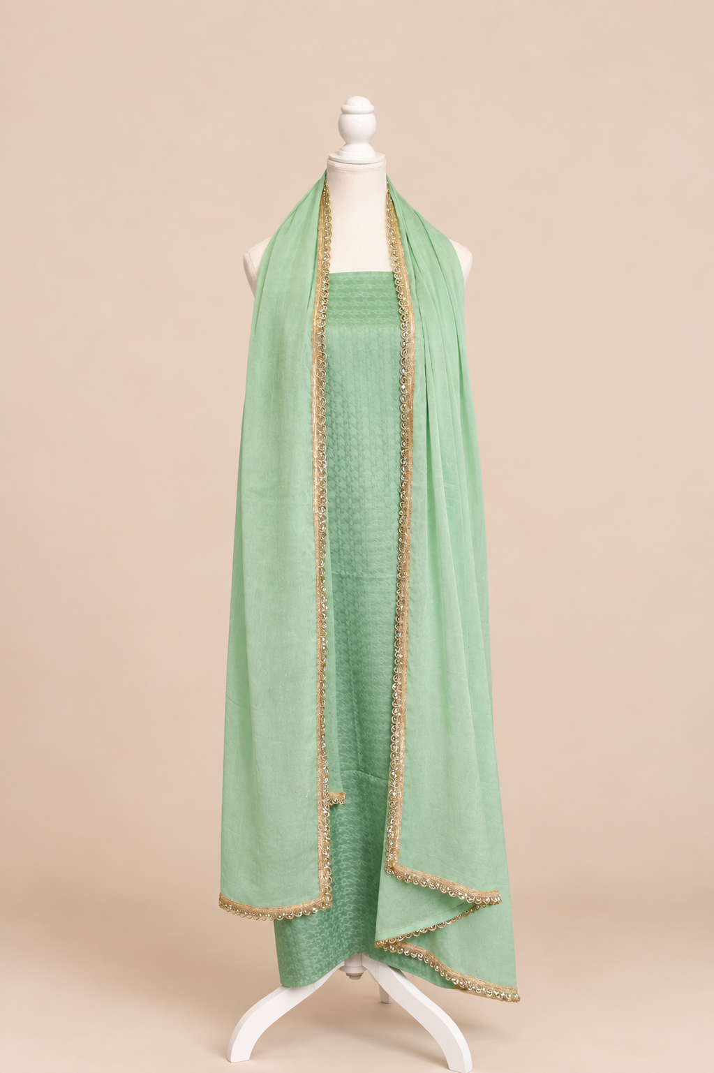Pure handloom mashru silk self woven kurta, matching crepe bottom & chiffon dupatta with lace- pista green