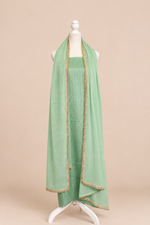 Pure handloom mashru silk self woven kurta, matching crepe bottom & chiffon dupatta with lace- pista green