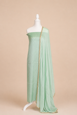 Pure handloom mashru silk self woven kurta, matching crepe bottom & chiffon dupatta with lace- pista green