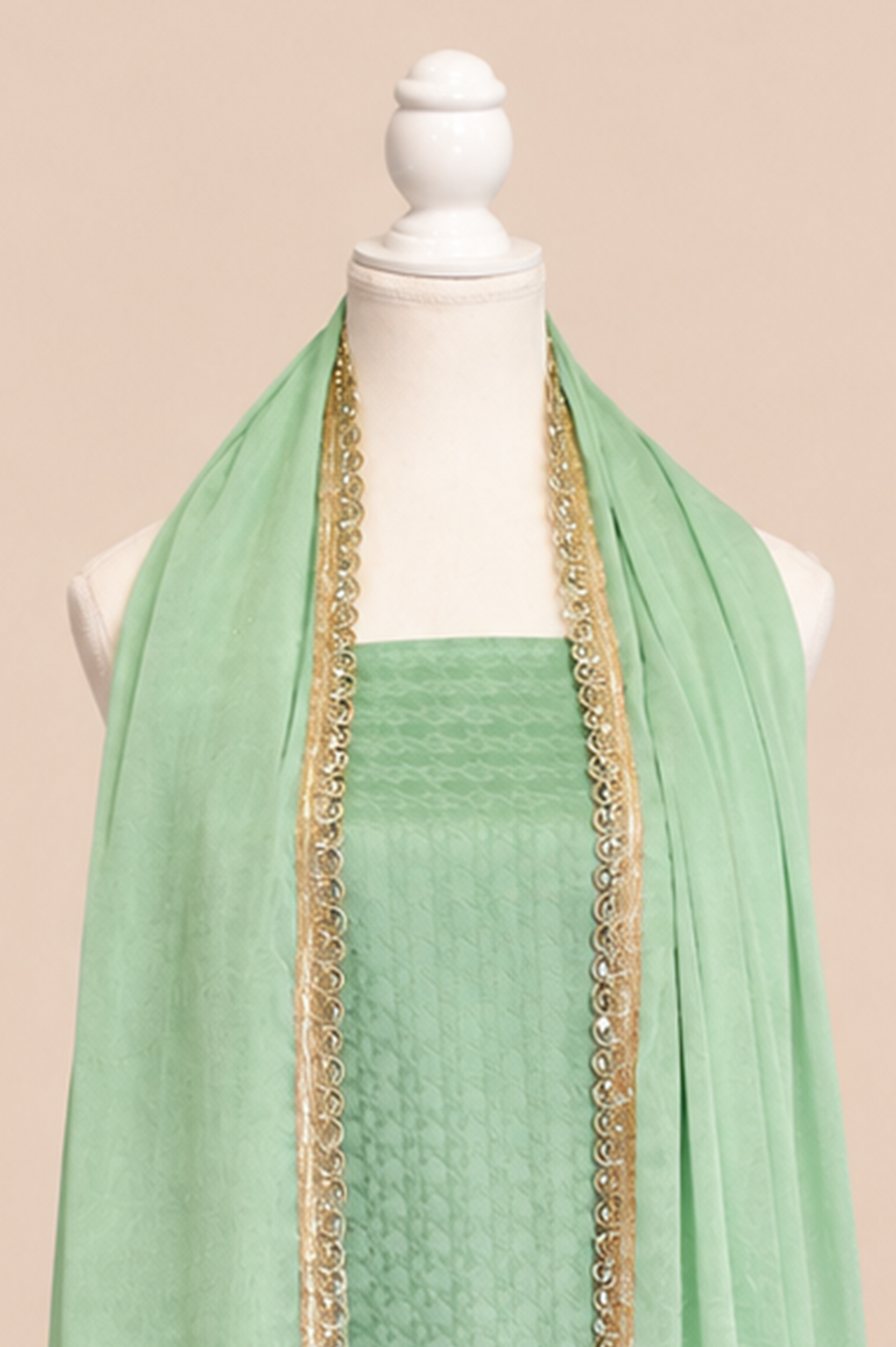 Pure handloom mashru silk self woven kurta, matching crepe bottom & chiffon dupatta with lace- pista green