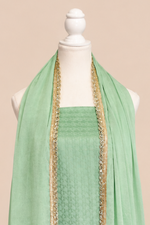 Pure handloom mashru silk self woven kurta, matching crepe bottom & chiffon dupatta with lace- pista green