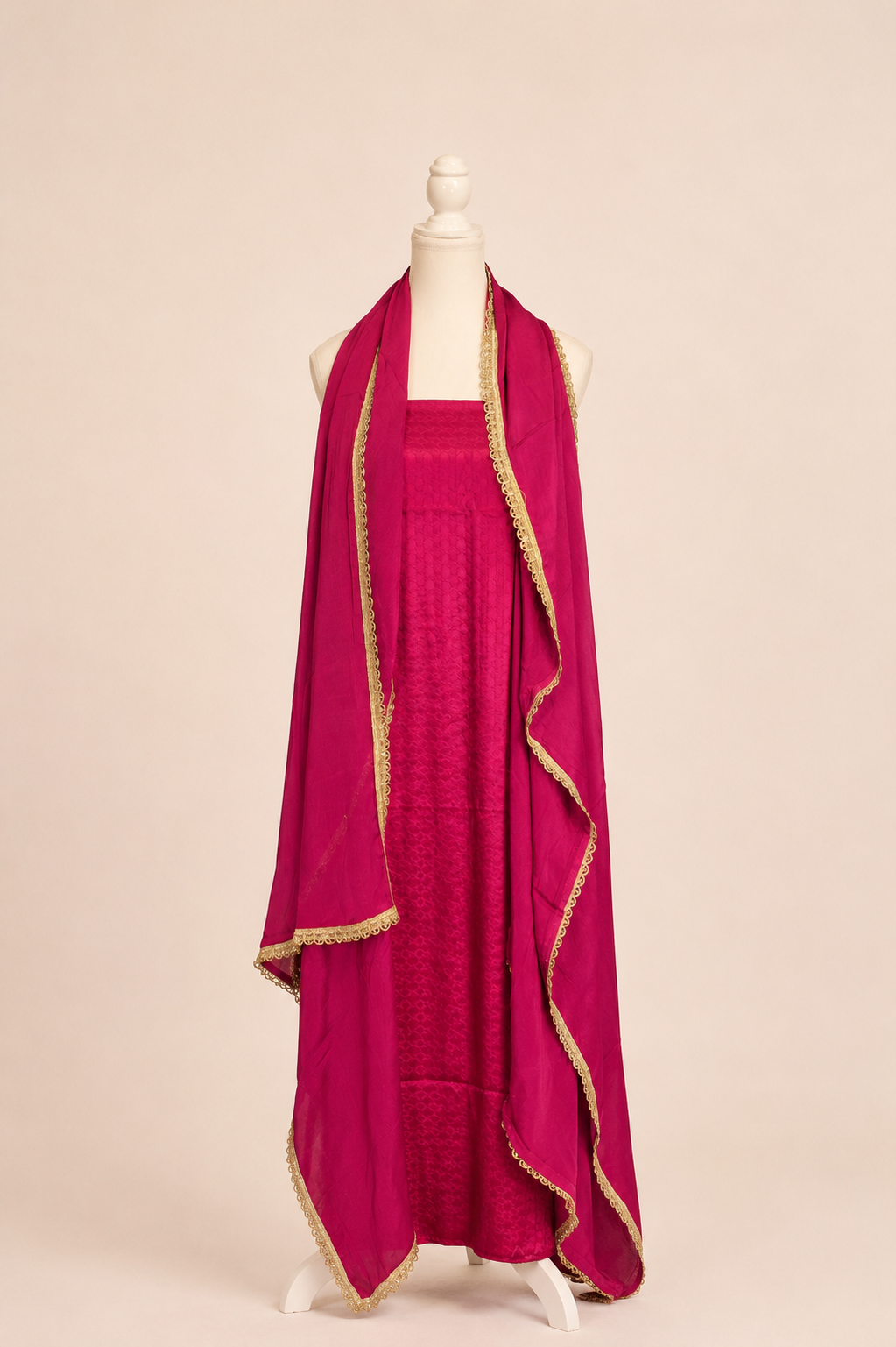 Pure handloom mashru silk self woven kurta, matching crepe bottom & chiffon dupatta with lace- fuchsia pink