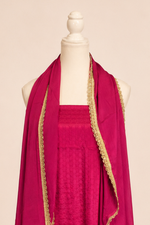 Pure handloom mashru silk self woven kurta, matching crepe bottom & chiffon dupatta with lace- fuchsia pink