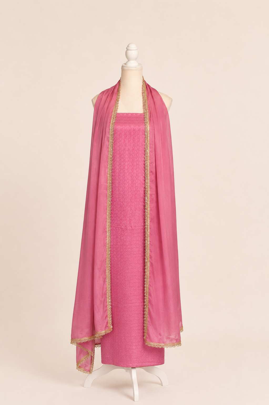 Pure handloom mashru silk self woven kurta, matching crepe bottom & chiffon dupatta with lace- Lavender