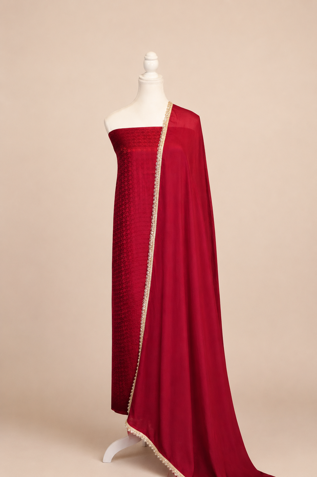 Pure handloom mashru silk self woven kurta, matching crepe bottom & chiffon dupatta with lace- Burgundy