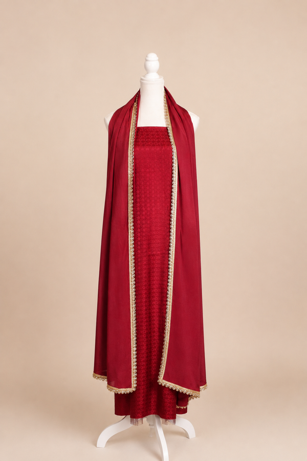 Pure handloom mashru silk self woven kurta, matching crepe bottom & chiffon dupatta with lace- Burgundy