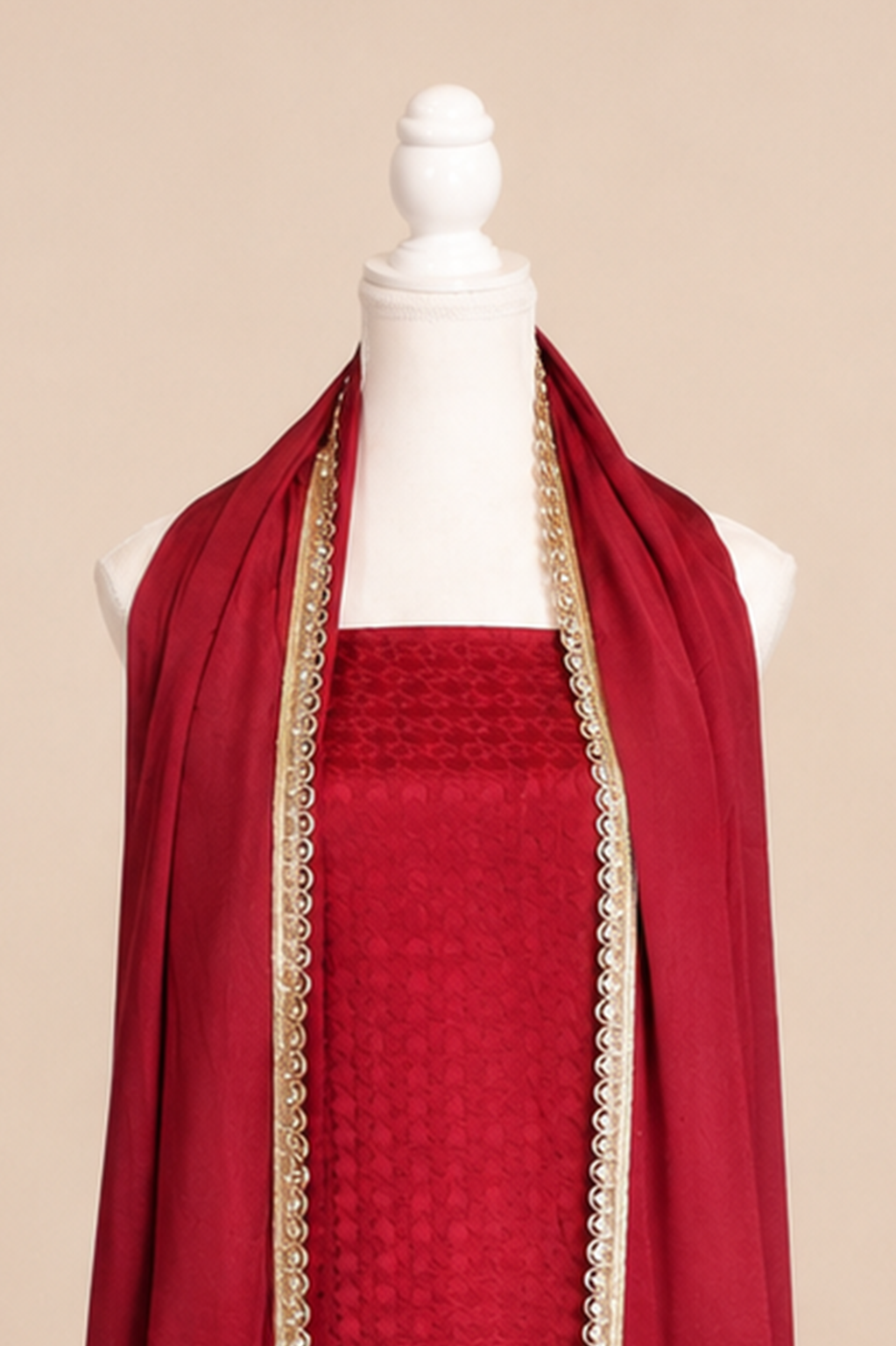 Pure handloom mashru silk self woven kurta, matching crepe bottom & chiffon dupatta with lace- Burgundy