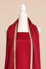 Pure handloom mashru silk self woven kurta, matching crepe bottom & chiffon dupatta with lace- Burgundy