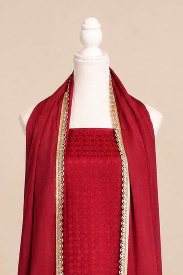 Pure handloom mashru silk self woven kurta, matching crepe bottom & chiffon dupatta with lace- Burgundy