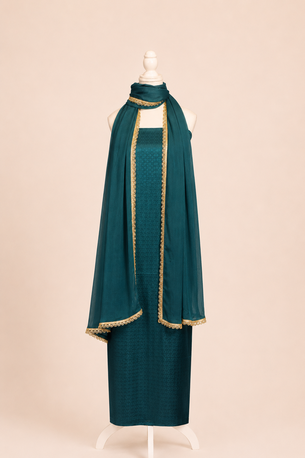 Pure handloom mashru silk self woven kurta, matching crepe bottom & chiffon dupatta with lace- Bottle green